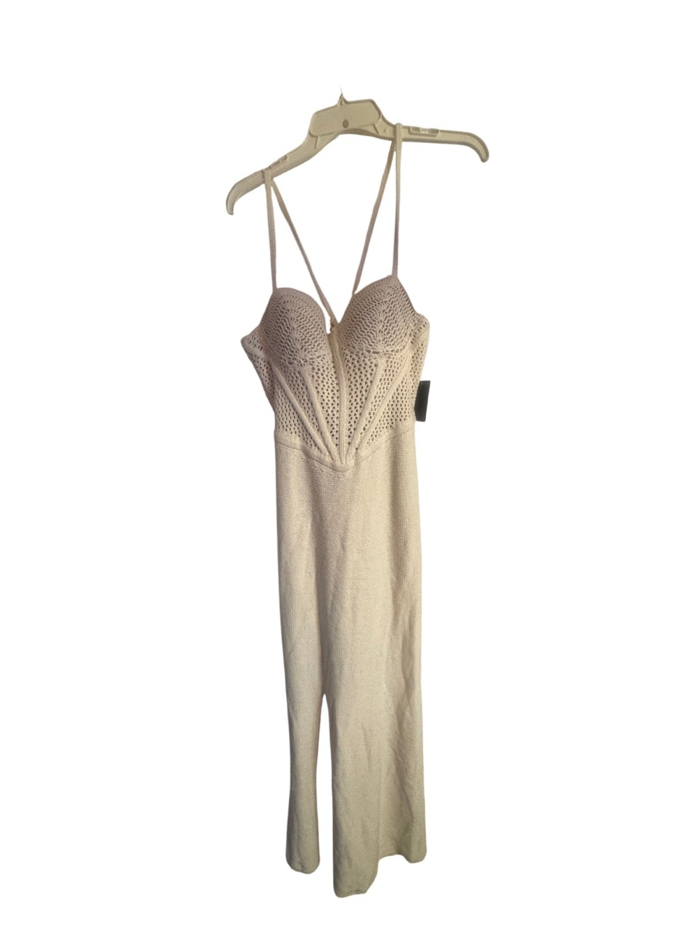Beige Crochet-Detail Slip Dress with Spaghetti Straps